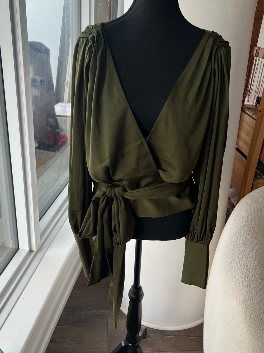 Super Cute olive Green Wrap Blouse with Tie Waist -Brand New!!